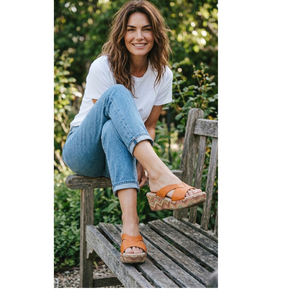 b.o.c. Born‎ Concept Orange Leather Chevron Woven Raffia Wedge Sandals 9 C24508